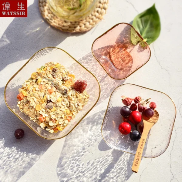 Hand Made Golden Rim Hammer Eye Square Glass Bowl, Soup Dessert Ice Cream Bowl, Hotel Household Breakfast Fruit Vegetable Salad - Image 3