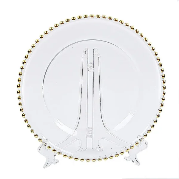 Clear Pressed Glass Dish Plate, Gold and Silver Rim, Beads Point, Factory Wholesale, 12.4 in - Image 4