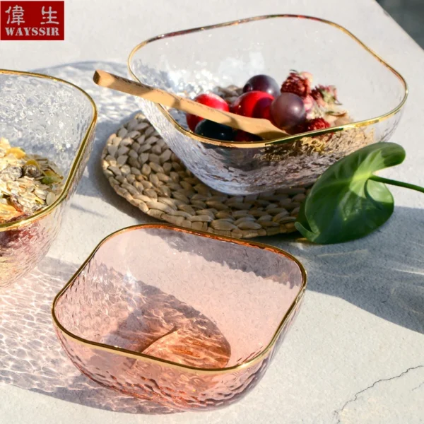 Hand Made Golden Rim Hammer Eye Square Glass Bowl, Soup Dessert Ice Cream Bowl, Hotel Household Breakfast Fruit Vegetable Salad - Image 2