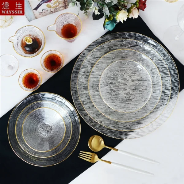 Nordic Gold Line Wire Drawing Glass Dinner Charger Plate, Dessert Salad Soup Bowl, Breakfast Dish, Wedding Decorative Tableware - Image 2