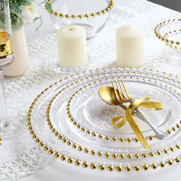 Golden Beads Decorative Dinner Plates European Modern Transparent Glass Steak Pasta Plate Serving Tray Home Kitchen Tableware