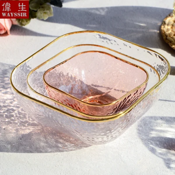 Hand Made Golden Rim Hammer Eye Square Glass Bowl, Soup Dessert Ice Cream Bowl, Hotel Household Breakfast Fruit Vegetable Salad - Image 4