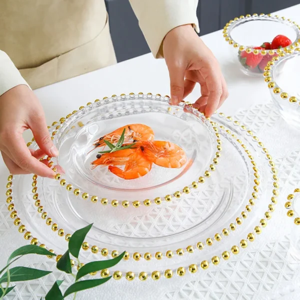 Golden Beads Decorative Dinner Plates European Modern Transparent Glass Steak Pasta Plate Serving Tray Home Kitchen Tableware - Image 3