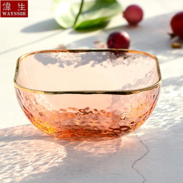 Hand Made Golden Rim Hammer Eye Square Glass Bowl, Soup Dessert Ice Cream Bowl, Hotel Household Breakfast Fruit Vegetable Salad - Image 5