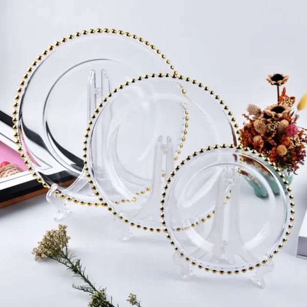 Clear Pressed Glass Dish Plate, Gold and Silver Rim, Beads Point, Factory Wholesale, 12.4 in - Image 3