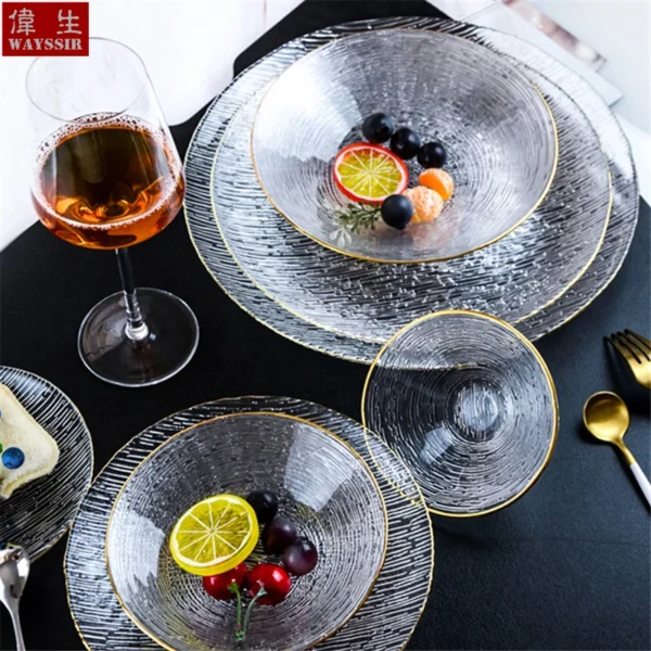 Nordic Gold Line Wire Drawing Glass Dinner Charger Plate, Dessert Salad Soup Bowl, Breakfast Dish, Wedding Decorative Tableware - Image 3