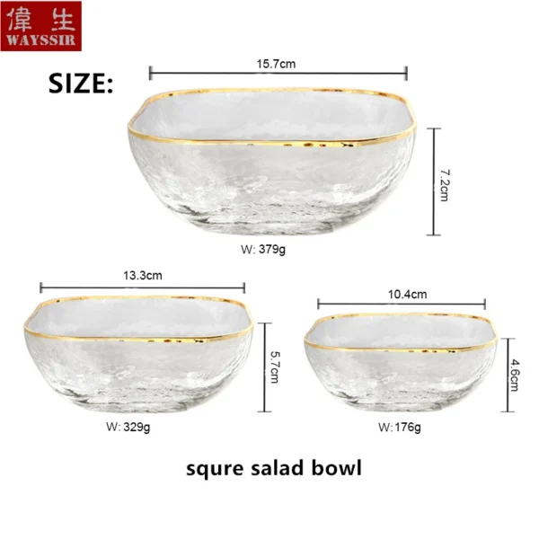 Hand Made Golden Rim Hammer Eye Square Glass Bowl, Soup Dessert Ice Cream Bowl, Hotel Household Breakfast Fruit Vegetable Salad - Image 6