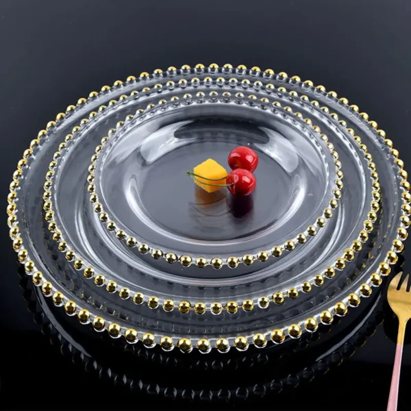 Clear Pressed Glass Dish Plate, Gold and Silver Rim, Beads Point, Factory Wholesale, 12.4 in - Image 6