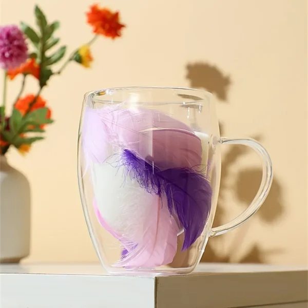 1pc 350ml Double-Walled Glass Coffee Cup with Feather Design 11.83oz Clear Heat-resistant Glass Mug for Espresso and Beverages - Image 2