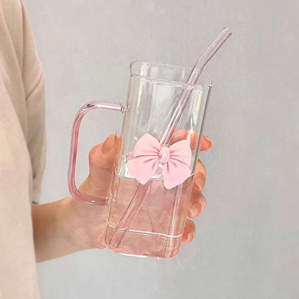 Transparent Square Glass Cup With Handle Pink Green Bow Straw Cups With Lids Heat Resistant Milk Coffee Drinks Mug Cute Gifts - Image 5