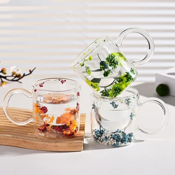 200ml Double-layer Glass Cup Clear Heat-resistant Flower Tea Mug Transparent Drink Cup with Handle Birthday Christmas Gifts