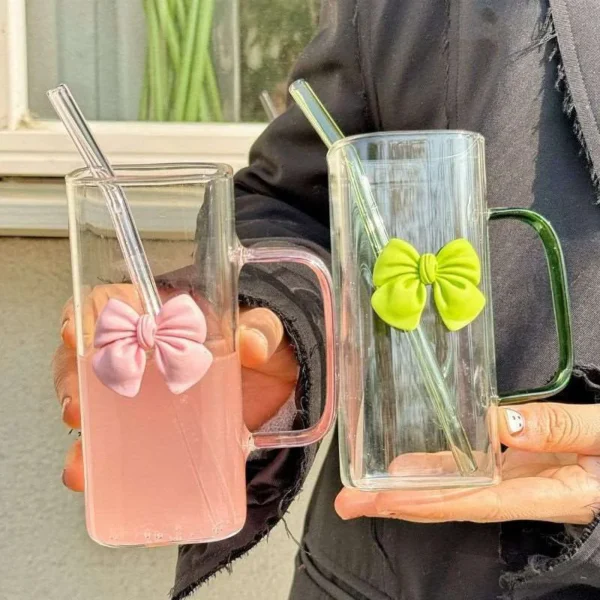 Transparent Square Glass Cup With Handle Pink Green Bow Straw Cups With Lids Heat Resistant Milk Coffee Drinks Mug Cute Gifts - Image 2