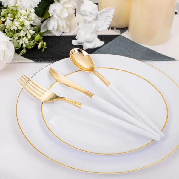 DaYammi 30 Guests Gold Plastic Plates with Disposable Silverware, Gold Cutlery with White Handle