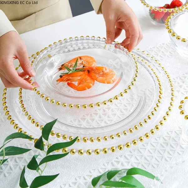 Transparent Glass Display Plate Golden Bead Bowl Plate Household 12 Inch Round Storage Plate Restaurant Tableware Supplies