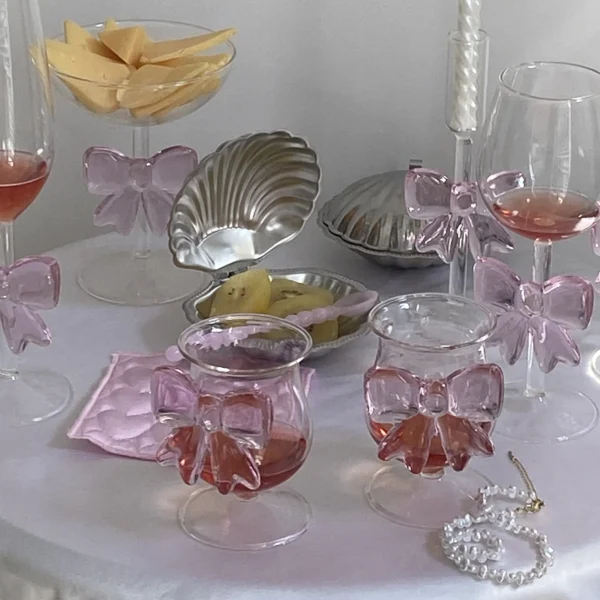 Pink Big Bow Series Glasses Cup INS Bow Handle Goblet Glass Cup Romantic Ritual Champagne Wine Glass Korean Style - Image 4