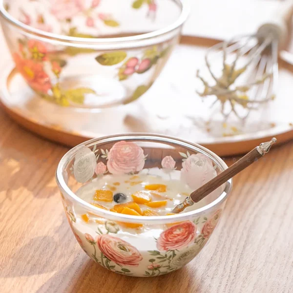 French Style Vintage Flower Glass Bowl Home Kitchen Tableware Fruit Salad Ramen Bowl Thickened Exquisite Lemon Breakfast Bowl - Image 3