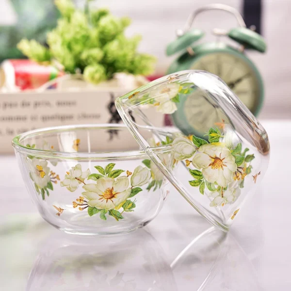 Glass Bowl Retro Flower Round Breakfast Milk Salah Large Bowl 5 Inch Thickened Rice Ramen Bowl Elegant Home Kitchen Tableware