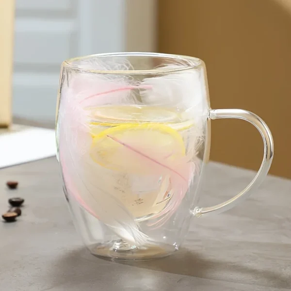 1pc 350ml Double-Walled Glass Coffee Cup with Feather Design 11.83oz Clear Heat-resistant Glass Mug for Espresso and Beverages - Image 3