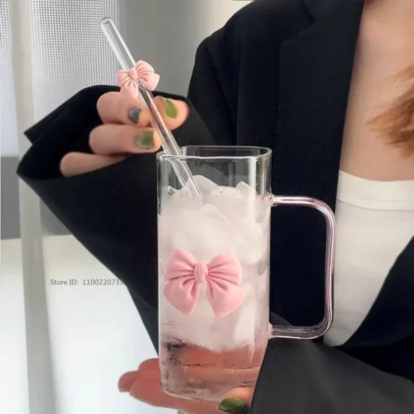 Transparent Square Glass Cup With Handle Pink Green Bow Straw Cups With Lids Heat Resistant Milk Coffee Drinks Mug Cute Gifts - Image 3