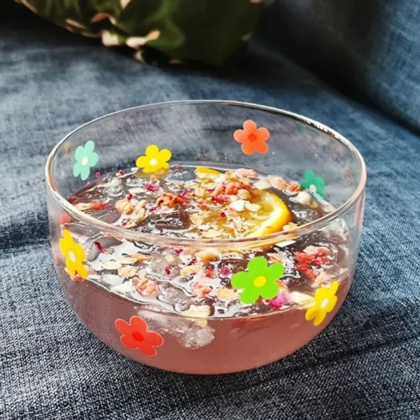 Cartoon Flower Strawberry Pattern Glass Bowl Household Fruit Salad Bowl Transparent Tableware Ice-cream Dessert Rice Bowl 500ml - Image 3