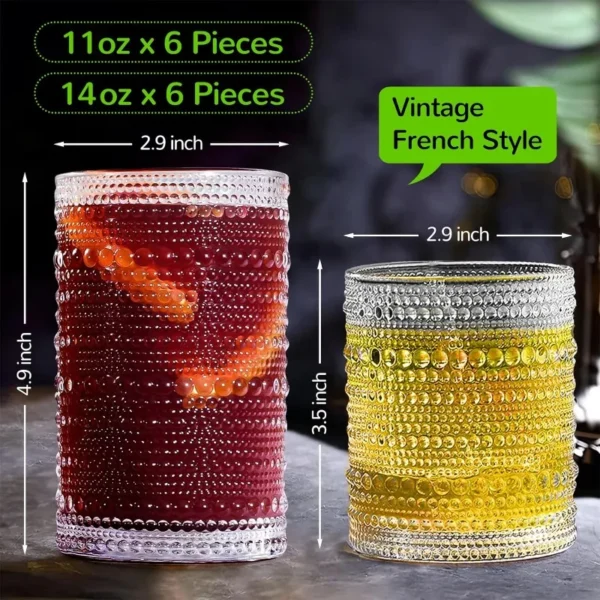 Vintage Hobnail Drinking Glasses Set of 12-14 oz Old Fashioned Water Glass Cups & 11 oz Cocktail Glasses, Aesthetic Kitchen Bar - Image 2