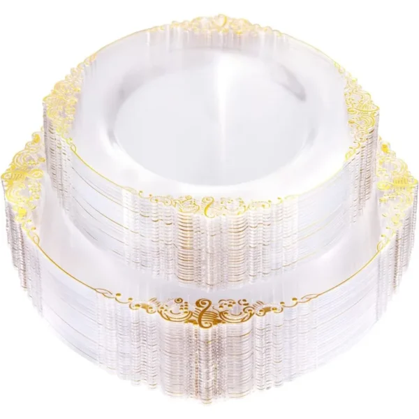 100PCS Clear and Gold Plastic Plates - Gold Plastic Plates Include 50PCS 10.25inch Dinner Plates& 50PCS 7.5inch Dessert Plates