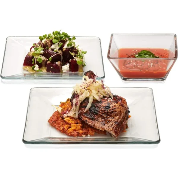 Tempo Glass Dinnerware Set, Sleek Square Clear Glass Plates and Bowls Set of 12, Dishwasher Safe Glass Dishes Set for Dinners