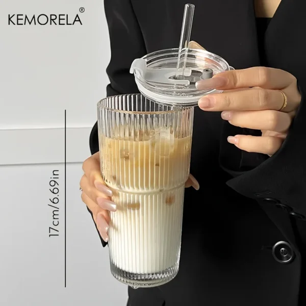 600ML Stripe Glass Coffee Cup With Lid and Straw Transparent Drinking Glasses for Juice Milk Tea Cups Iced Coffee Mugs Drinkware - Image 6