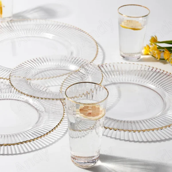 Golden Stroke Glass Plate Transparent Stripe Embossed Decorative Home Fruit Salad Plates Western Restaurant Table Top Steak Dish - Image 3