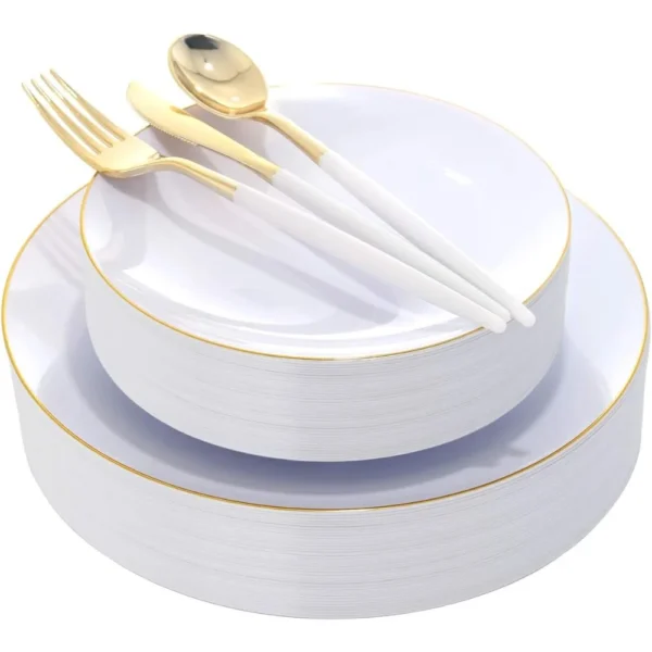 DaYammi 30 Guests Gold Plastic Plates with Disposable Silverware, Gold Cutlery with White Handle - Image 2