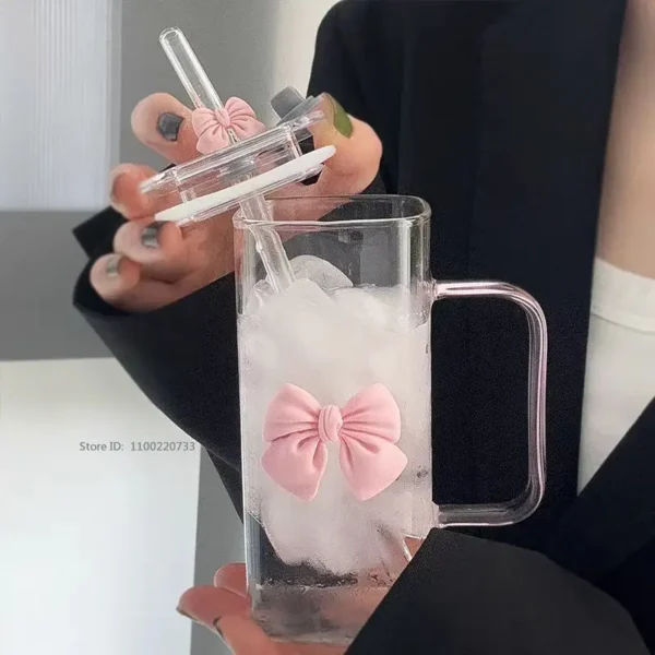 Transparent Square Glass Cup With Handle Pink Green Bow Straw Cups With Lids Heat Resistant Milk Coffee Drinks Mug Cute Gifts - Image 4