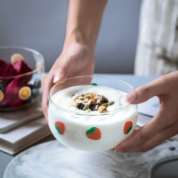 Clear Bright Glass Salad Dessert Pudding Bowl with Cute Strawberry, Watermelon, Orange Printing, High Borosilicate, 1 Piece