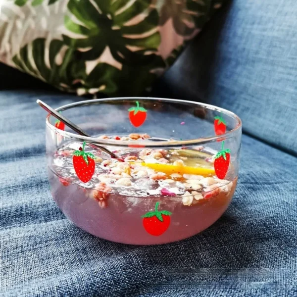 Cartoon Flower Strawberry Pattern Glass Bowl Household Fruit Salad Bowl Transparent Tableware Ice-cream Dessert Rice Bowl 500ml - Image 2