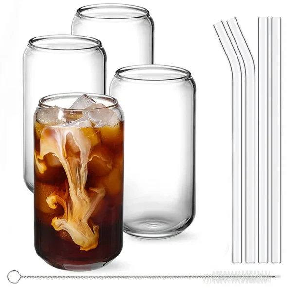 Drinking Glasses 4pc Set - Can Shaped Glass Cups, 400ml Beer Glasses, Tumbler Cup, Cocktail Glasses, Whiskey Glasses With Straws