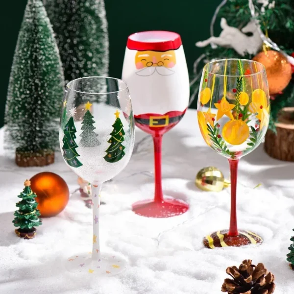 Christmas Tree Snowman Glass Goblet Cup Hand-Painted Christmas Theme Pattern Home Glass Red Wine Cup Xmas Festival Gifts Cups - Image 2