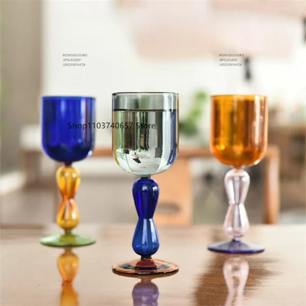 European-style Retro Special-shaped Handle Glass Creative Contrast Color High Foot Red Wine Glass Household Simple Beverage Cup