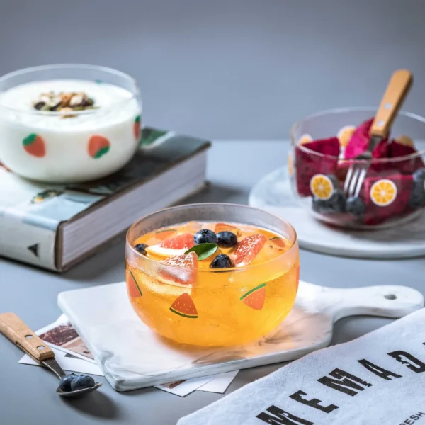 Clear Bright Glass Salad Dessert Pudding Bowl with Cute Strawberry, Watermelon, Orange Printing, High Borosilicate, 1 Piece - Image 4