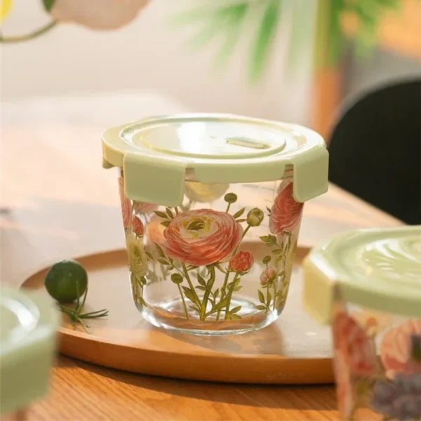 Food Storage Box French Vintage Flowers Heat-resistant Fresh-keeping Sealed Box Picnic Bento Fruit Round Glass Bowl with Lid - Image 6