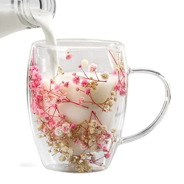 Dry Flower Cup real dried flowers Double Wall Glass Cup Coffee Mug Dried Flower Filler Glass Cups Tea Coffee Cups With Handle