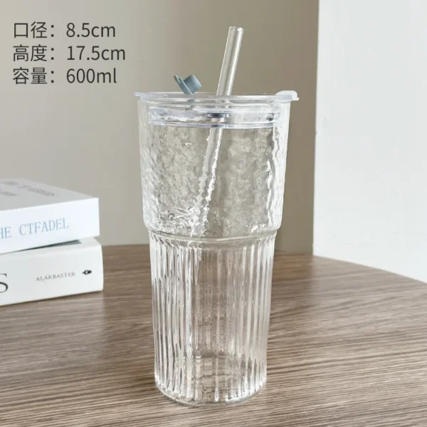 2pcs 600ml Stripe Glass Cup with Lid and Straw Transparent Drinking Glasses for Juice Water and Iced Coffee Cups Drinkware Mug - Image 6