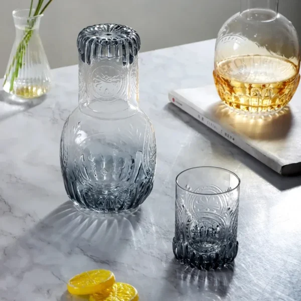 1000ml Glass Bedside Water Carafe with Glass Cups Set Embossed Relief Pattern Carafe Glassware Drinking Vintage Water Pitcher - Image 5