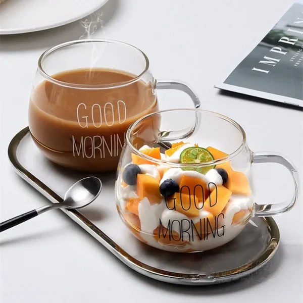 1Pc Round Transparent Glass Clear Mug Cup Milk Coffee Glass Letter Printing Drinkware With Handle For Tea Juice Breakfast