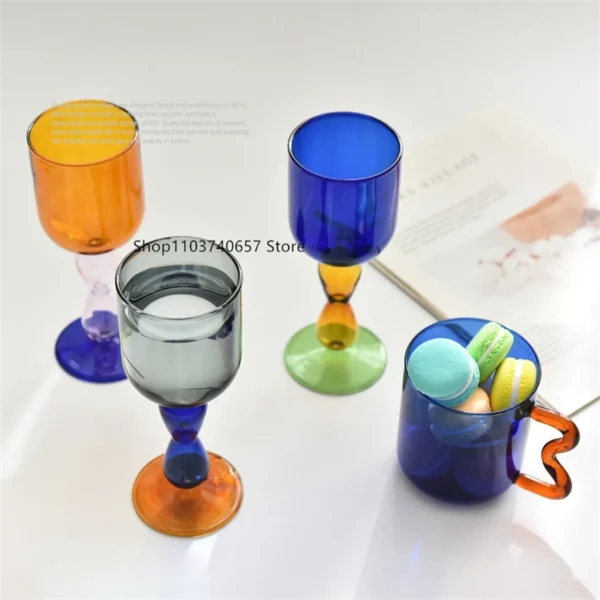 European-style Retro Special-shaped Handle Glass Creative Contrast Color High Foot Red Wine Glass Household Simple Beverage Cup - Image 2