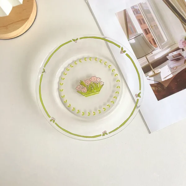 Lovely Tulip Transparent Round Glass Plate Breakfast Sushi Dessert Afternoon Cake Plate Retro Kitchen Decoration Wedding Plate