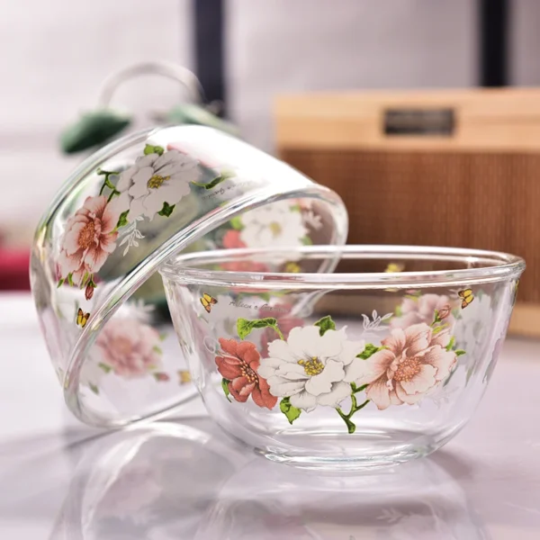 Glass Bowl Retro Flower Round Breakfast Milk Salah Large Bowl 5 Inch Thickened Rice Ramen Bowl Elegant Home Kitchen Tableware - Image 4