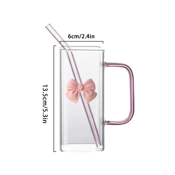 Transparent Square Glass Cup With Handle Pink Green Bow Straw Cups With Lids Heat Resistant Milk Coffee Drinks Mug Cute Gifts - Image 6