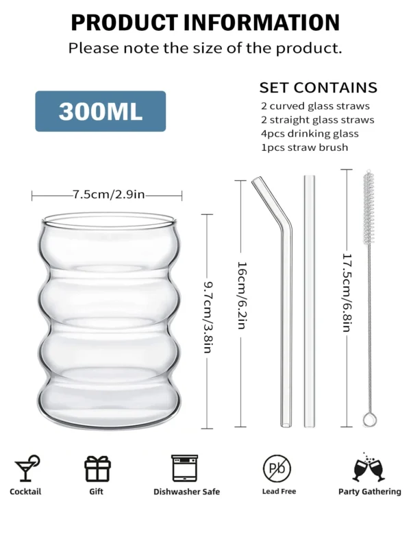 Leeseph 4Pcs Creative Glass Cups Coffee Mug Vintage Drinking Glasses Ribbed Glassware Aesthetic Cups with Straws Set - Image 2