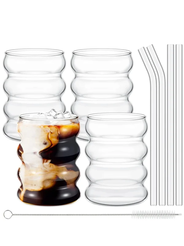 Leeseph 4Pcs Creative Glass Cups Coffee Mug Vintage Drinking Glasses Ribbed Glassware Aesthetic Cups with Straws Set