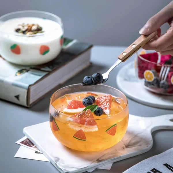 Clear Bright Glass Salad Dessert Pudding Bowl with Cute Strawberry, Watermelon, Orange Printing, High Borosilicate, 1 Piece - Image 3