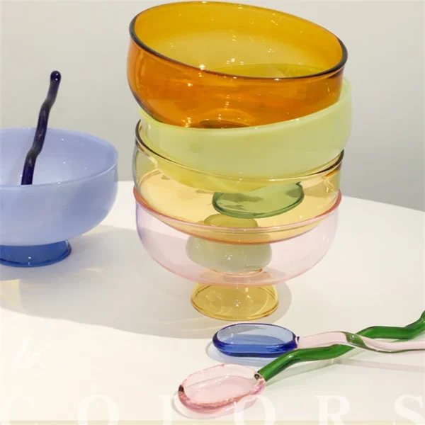 Stained Glass Transparent Goblet Bowl Spoon Set High Borosilicate Glass Bowl Fruit Salad Dessert Bowls Household Tableware - Image 4